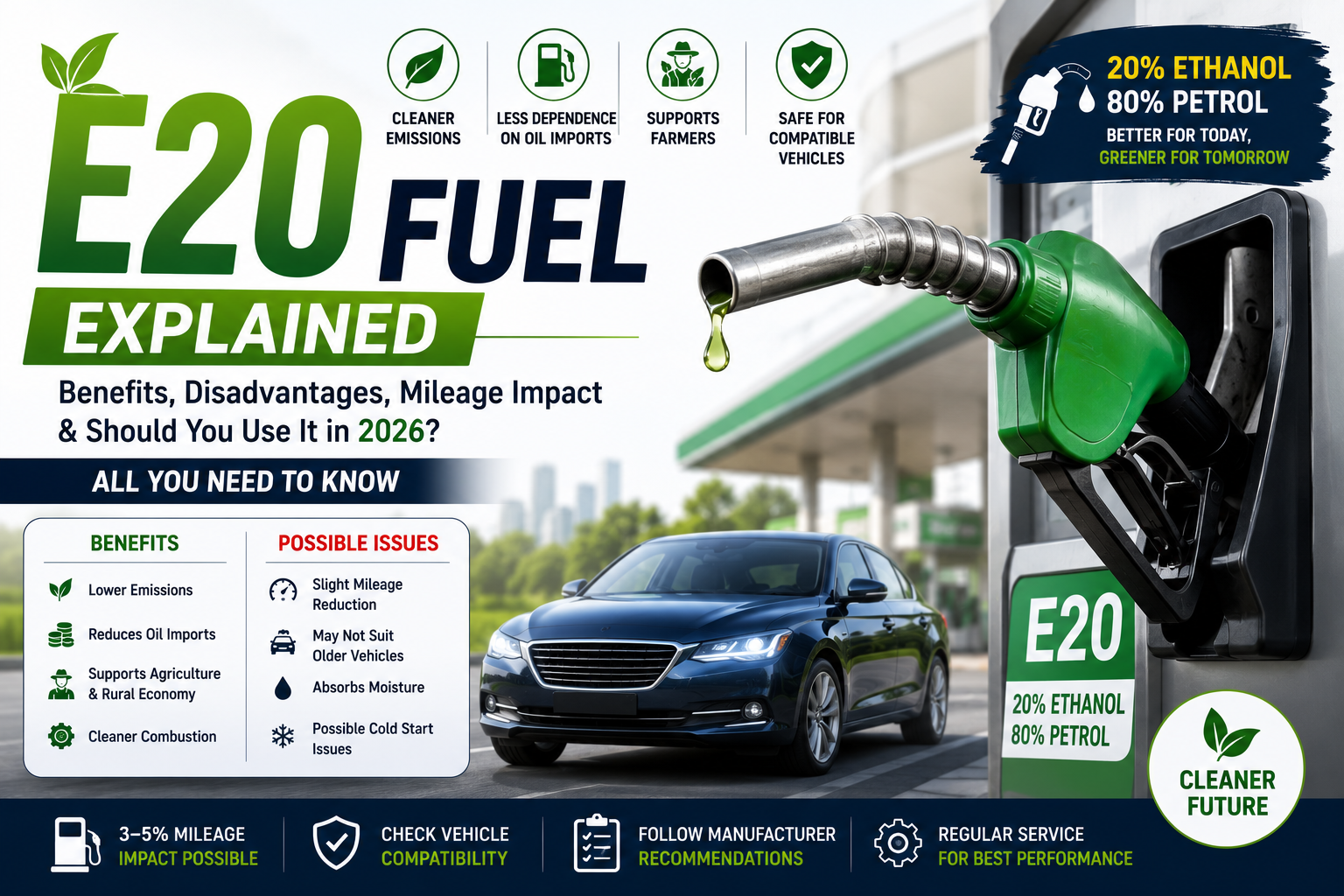 E20 Fuel Explained: Benefits, Disadvantages, Mileage Impact & Should You Use It in 2026?