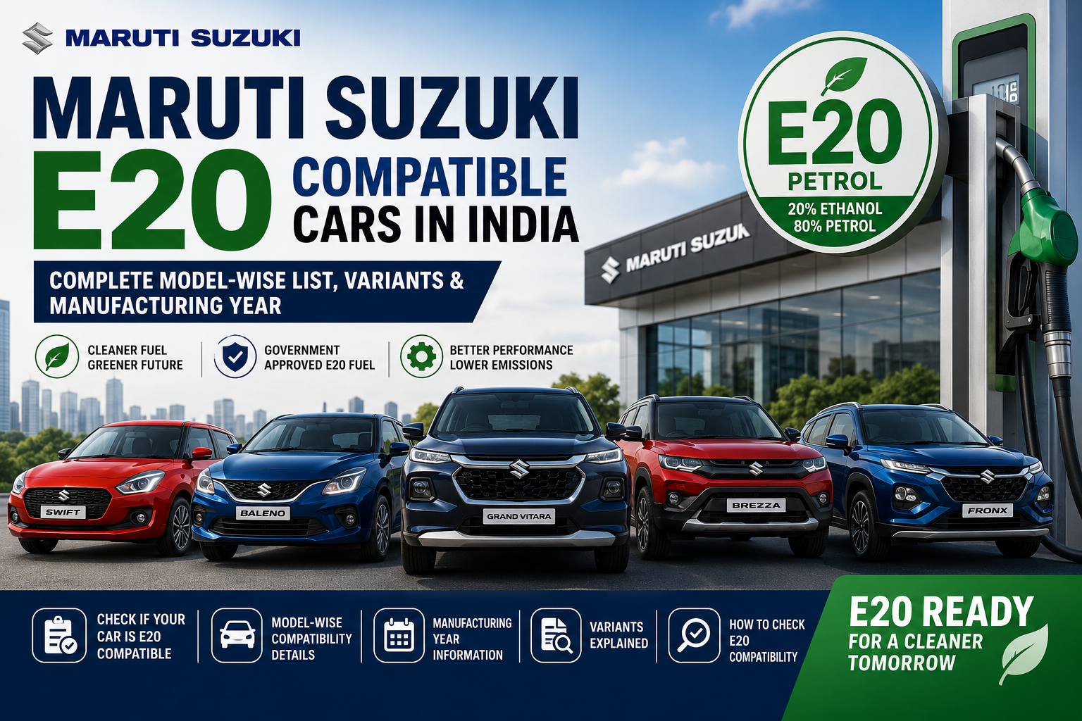Maruti Suzuki E20 Compatible Cars (2026): Complete Model-wise List, Variants, Manufacturing Year & How to Check Compatibility