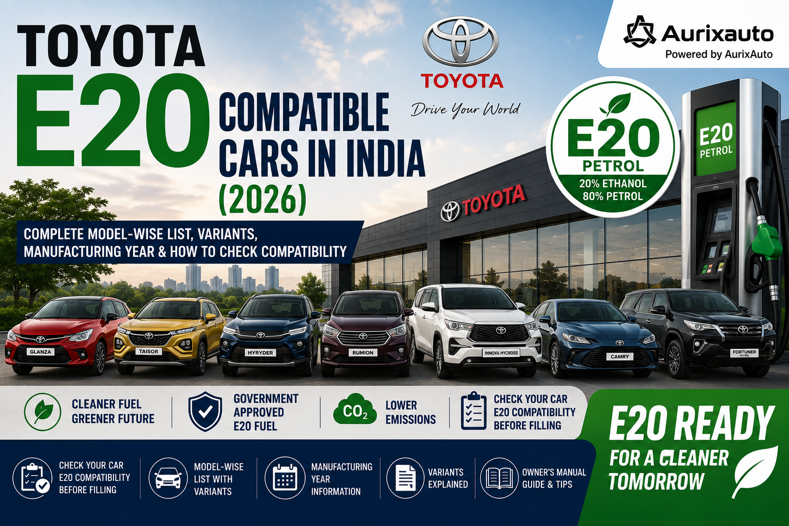 Toyota E20 Compatible Cars (2026): Complete Model-wise List, Variants, Manufacturing Year & How to Check Compatibility — AurixAuto Car Care Blog