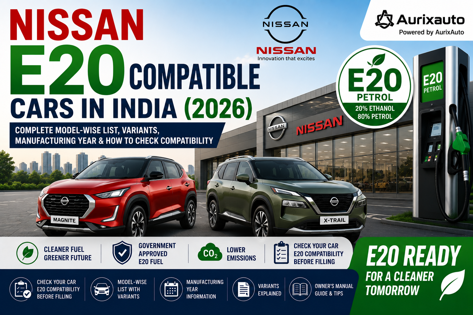 Nissan E20 Compatible Cars (2026): Complete Model-wise List, Variants, Manufacturing Year & How to Check Compatibility — AurixAuto Car Care Blog