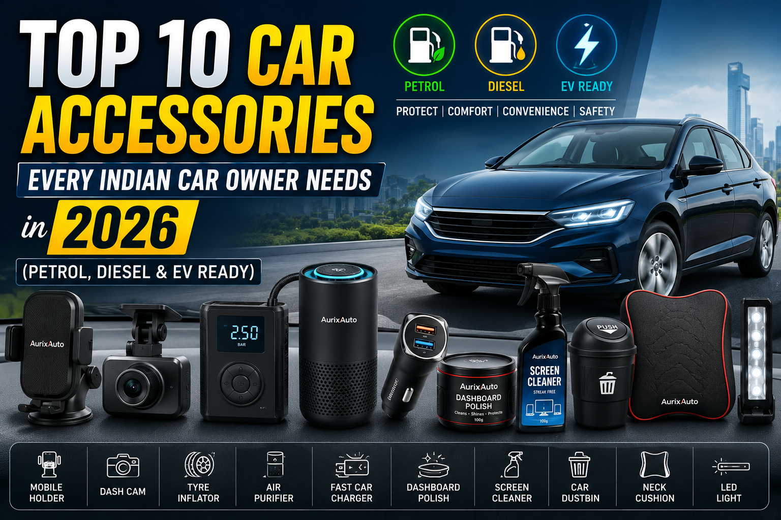 Top 10 Car Accessories Every Indian Car Owner Needs in 2026 (Petrol, Diesel & EV Ready) — AurixAuto Car Care Blog