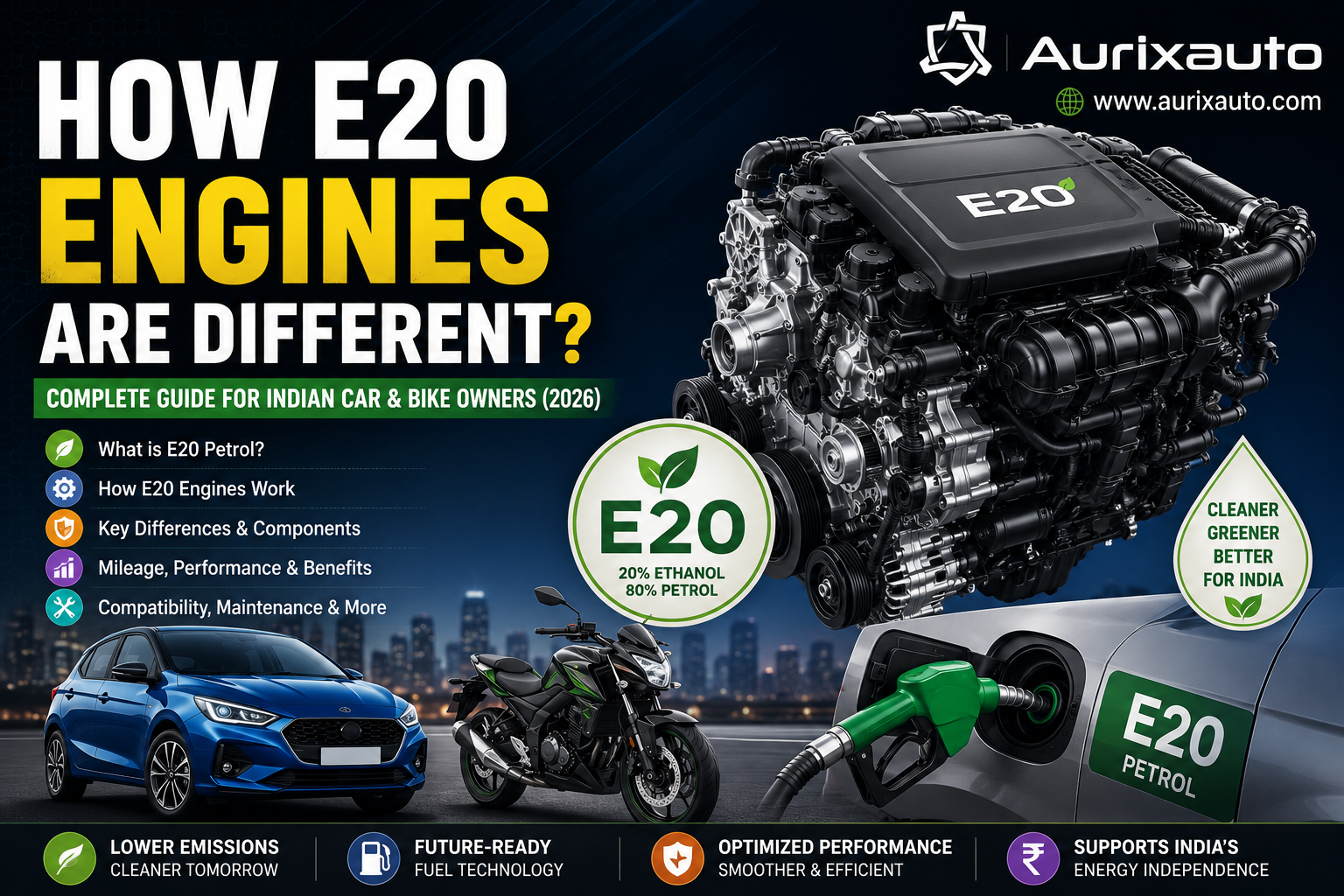 How E20 Engines Are Different? Everything Indian Car Owners Need to Know (2026 Guide) — AurixAuto Car Care Blog