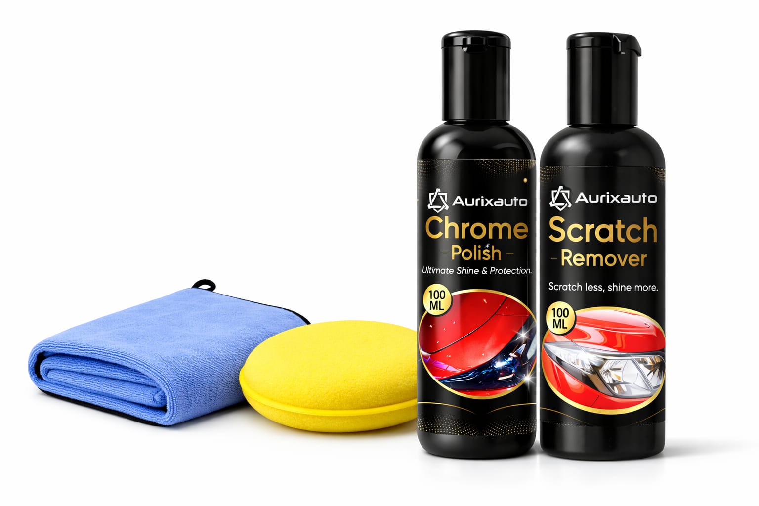 Scratch Remover 100ml , Chrome Polish 100ml, Microfiber Cloth 600 GSM and applicator - Combo of 4