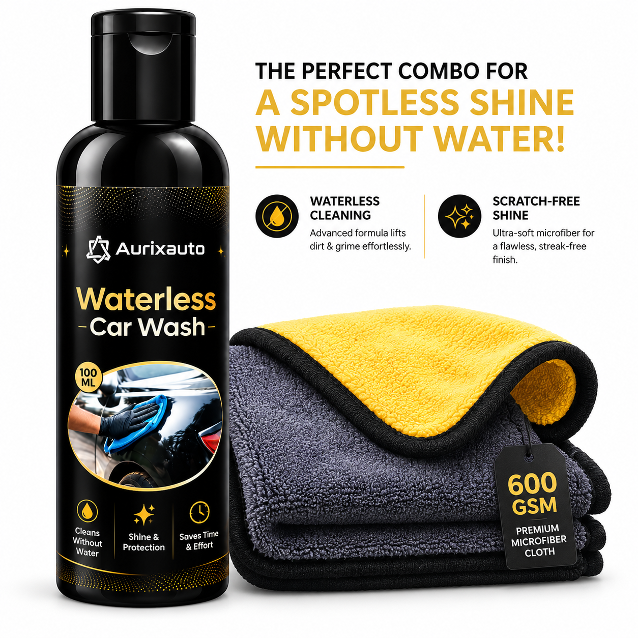 Waterless car wash 100ml with 600 GSM Microfiber cloth