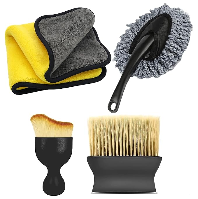 4 Pcs Car Cleaning Kit - Small Brush, Big Brush, Small Duster & Microfiber Cloth 600 GSM