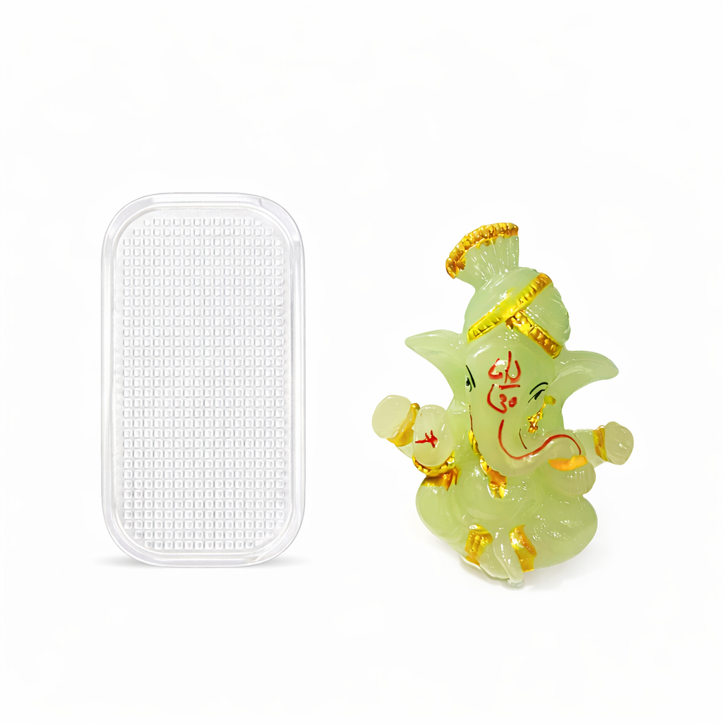 Radium Glow Ganpati Statue for Car Dashboard & Anti-Slip Car Dashboard Mat Combo