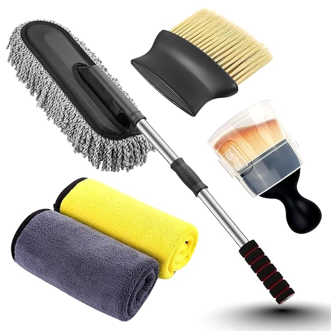 4 Pcs Car Cleaning Kit - Small Brush, Big Brush, Big Duster & Microfiber Cloth 600 GSM