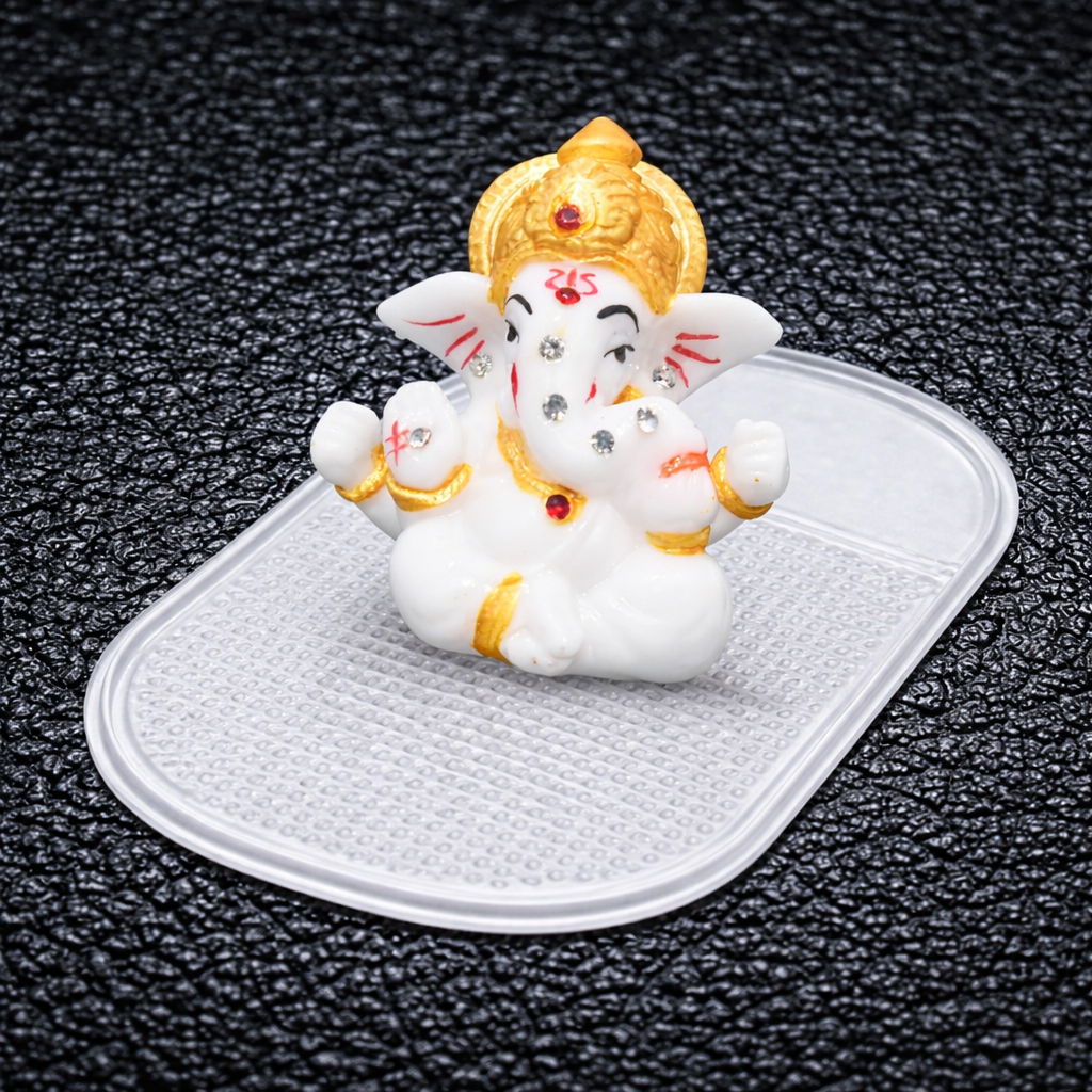 White Ganpati Statue for Car Dashboard & Anti-Slip Car Dashboard Mat Combo
