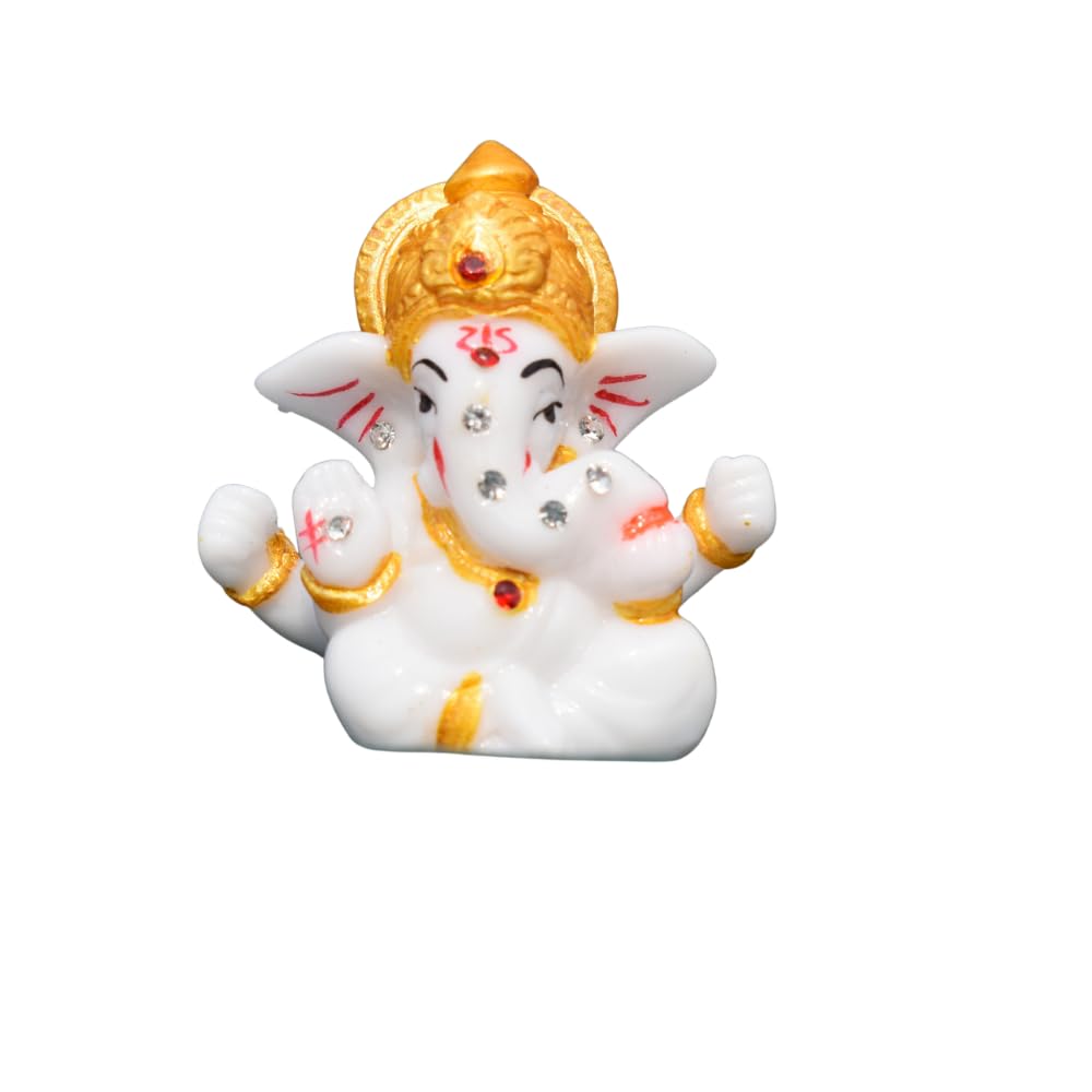 White & Gold Ganesh Idol for Car Dashboard