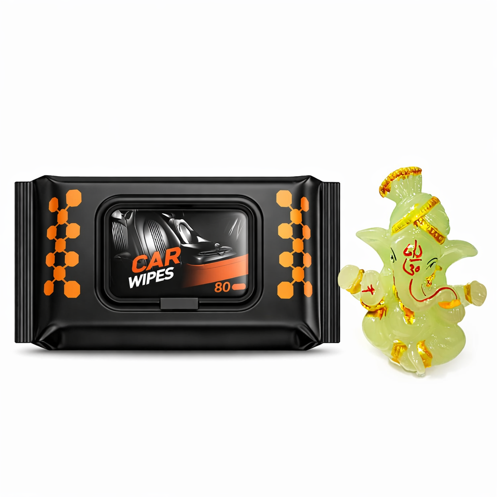 Radium Glow Ganpati Statue for Car Dashboard & Dashboard Scratch Remover Wipes