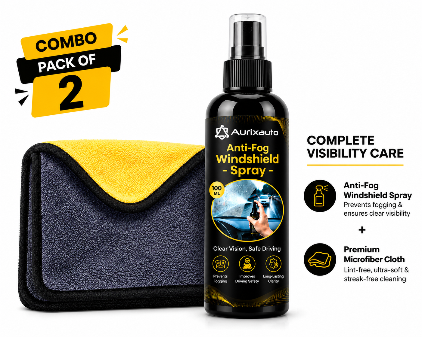 Antifog Windshield Spray 100ml with 600GSM microfiber